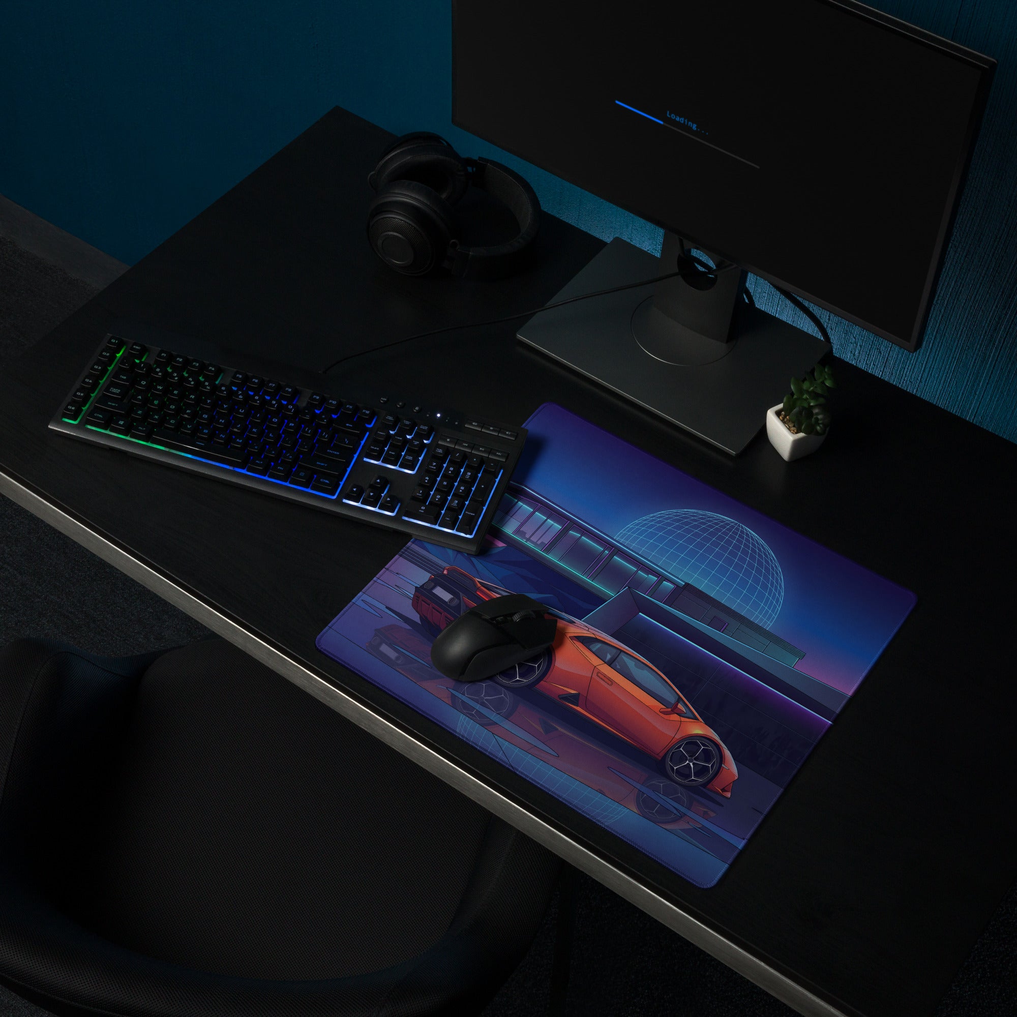 Lamborghini Huracán EVO Inspired Orange Blue Vaporwave Gaming Mouse Pad – Neon Modern Mansion Desk Mat, Futuristic Synthwave Supercar Digital Art