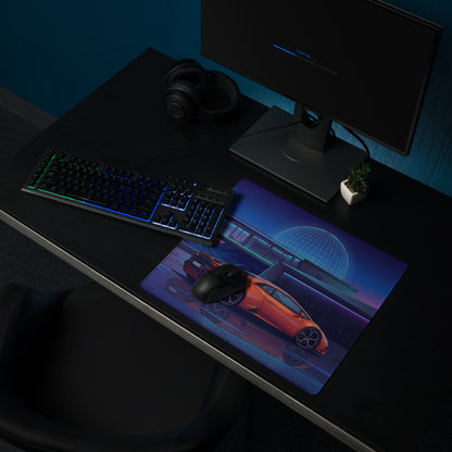 Lamborghini Huracán EVO Inspired Orange Blue Vaporwave Gaming Mouse Pad – Neon Modern Mansion Desk Mat, Futuristic Synthwave Supercar Digital Art