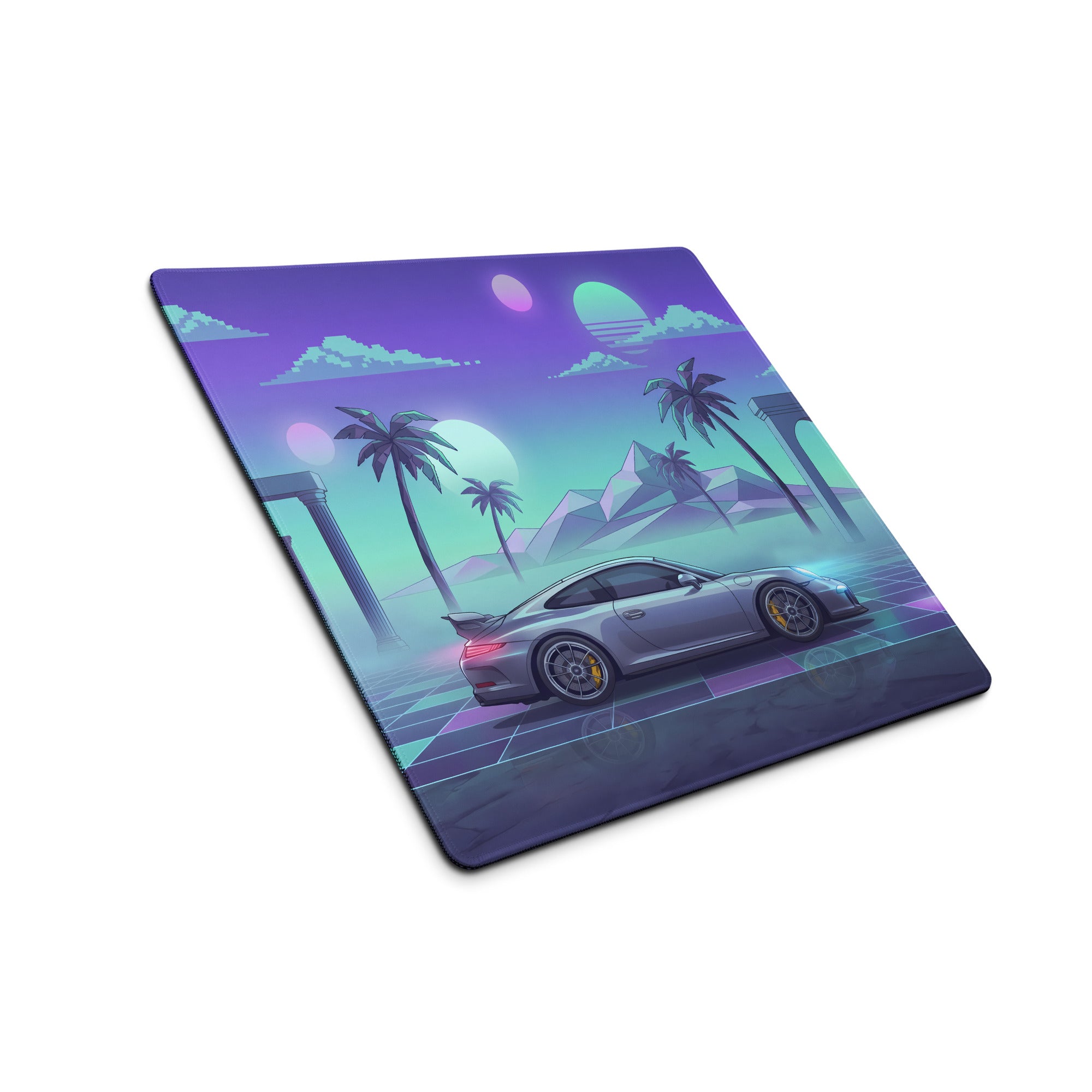 Porsche 911 GT3 Inspired Silver Cyan Vaporwave Gaming Mouse Pad – Neon Palm Ruins Desk Mat, Dreamy Retro Futuristic Sports Car Digital Art