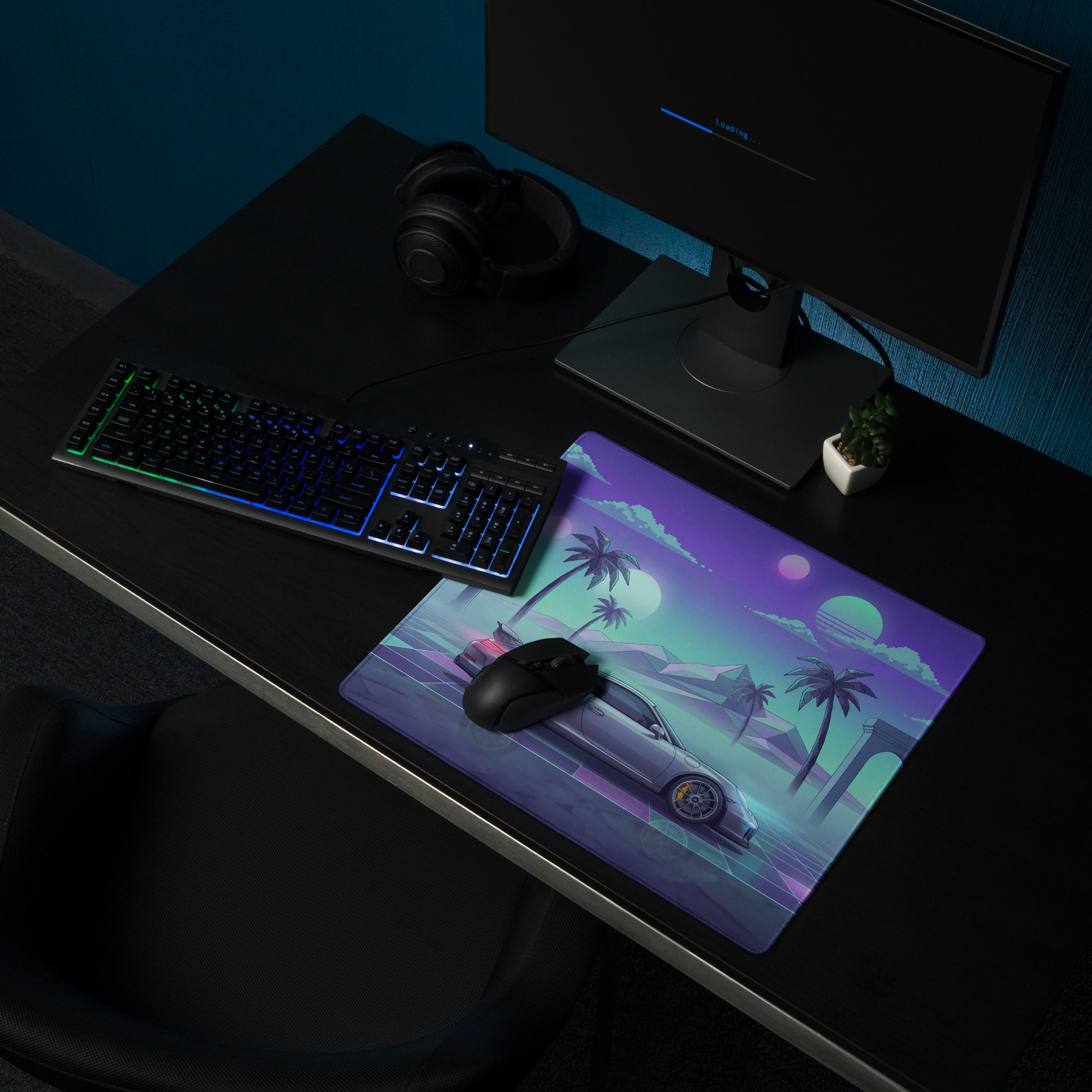 Porsche 911 GT3 Inspired Silver Cyan Vaporwave Gaming Mouse Pad – Neon Palm Ruins Desk Mat, Dreamy Retro Futuristic Sports Car Digital Art