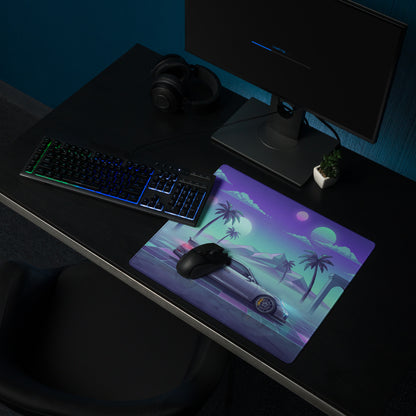 Porsche 911 GT3 Inspired Silver Cyan Vaporwave Gaming Mouse Pad – Neon Palm Ruins Desk Mat, Dreamy Retro Futuristic Sports Car Digital Art