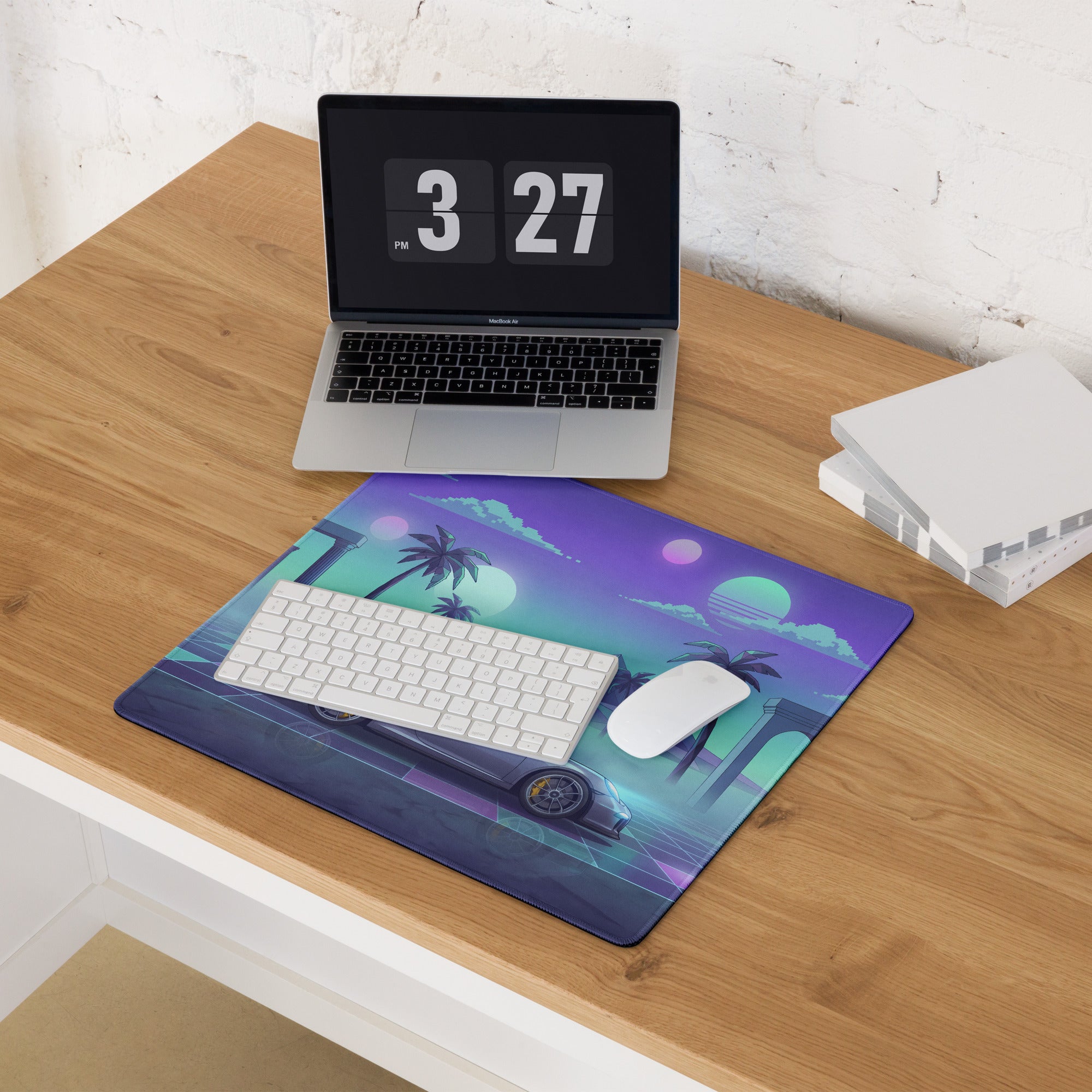 Porsche 911 GT3 Inspired Silver Cyan Vaporwave Gaming Mouse Pad – Neon Palm Ruins Desk Mat, Dreamy Retro Futuristic Sports Car Digital Art