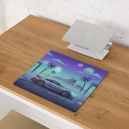 Porsche 911 GT3 Inspired Silver Cyan Vaporwave Gaming Mouse Pad – Neon Palm Ruins Desk Mat, Dreamy Retro Futuristic Sports Car Digital Art