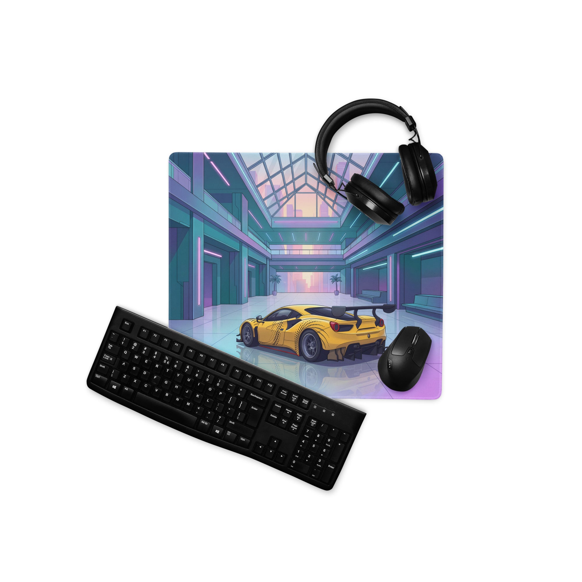 Ferrari 488 GT3 Inspired Yellow Cyan Vaporwave Gaming Mouse Pad – Neon Futuristic Atrium Desk Mat, Retro Racing Supercar Digital Art