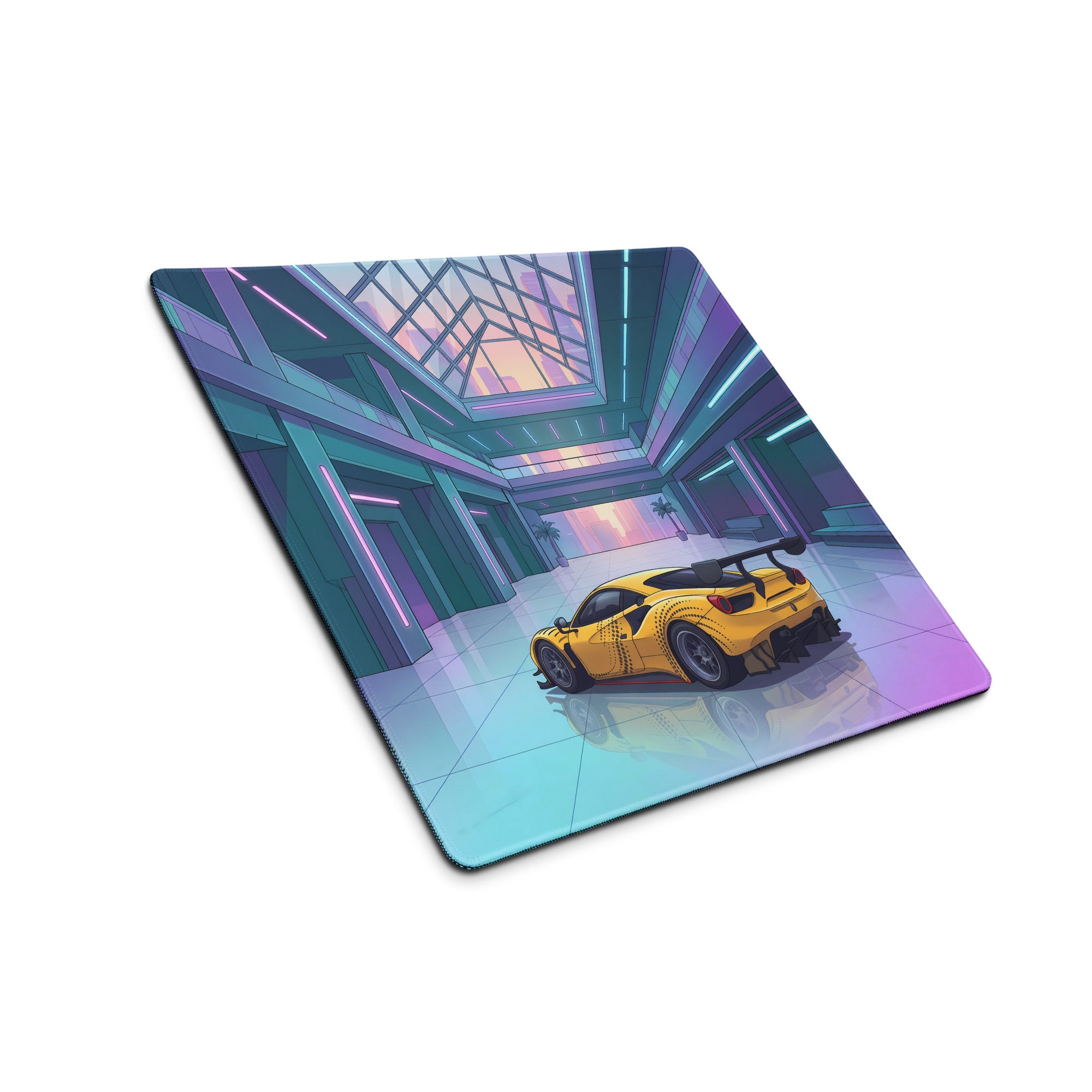 Ferrari 488 GT3 Inspired Yellow Cyan Vaporwave Gaming Mouse Pad – Neon Futuristic Atrium Desk Mat, Retro Racing Supercar Digital Art