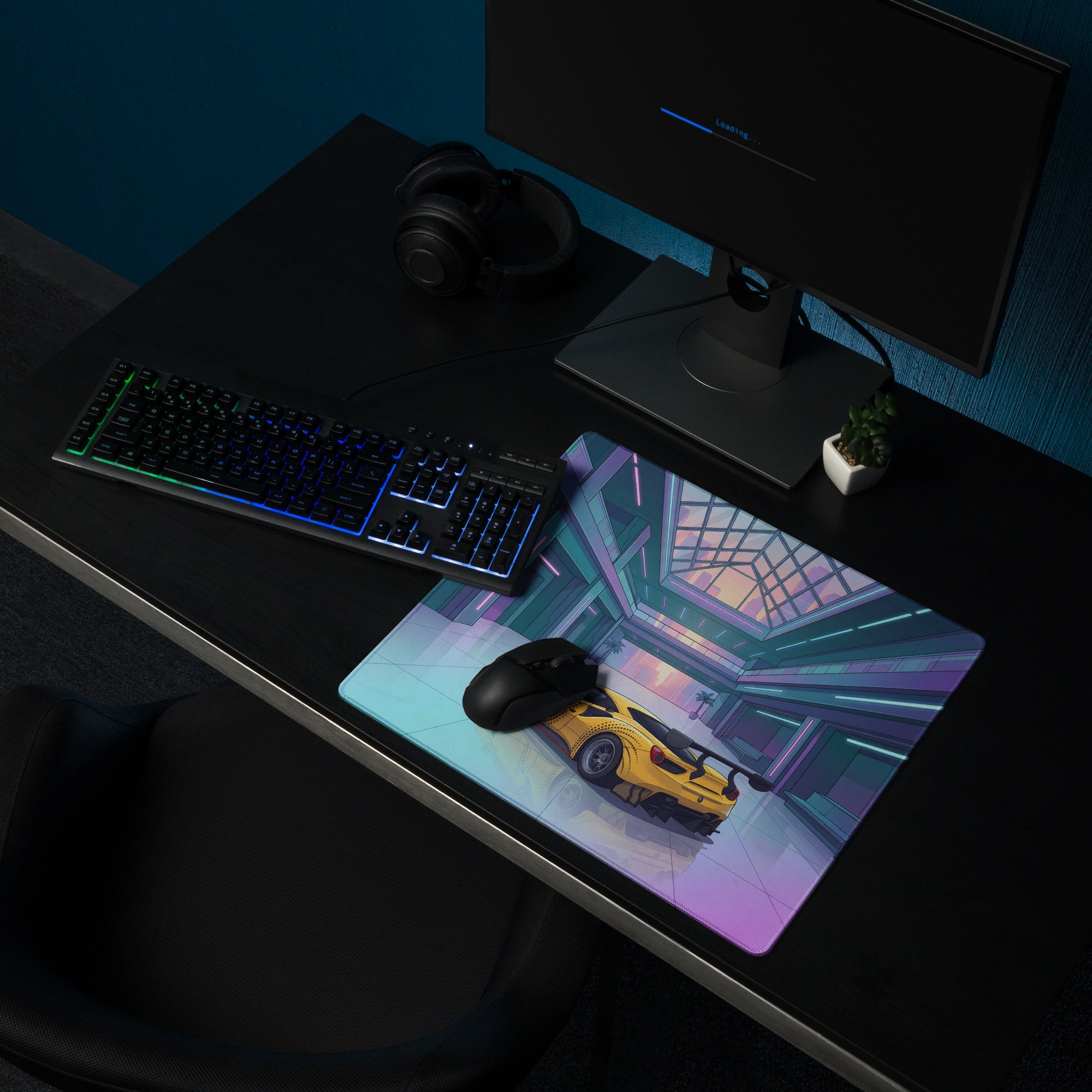 Ferrari 488 GT3 Inspired Yellow Cyan Vaporwave Gaming Mouse Pad – Neon Futuristic Atrium Desk Mat, Retro Racing Supercar Digital Art