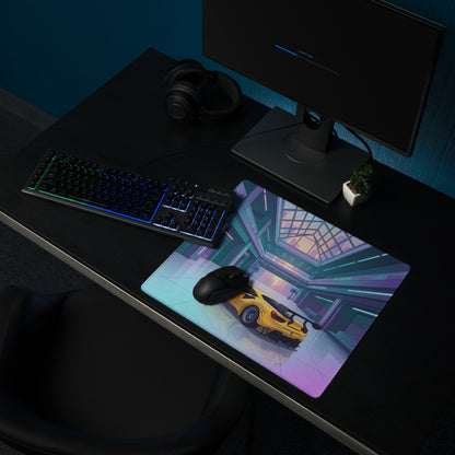 Ferrari 488 GT3 Inspired Yellow Cyan Vaporwave Gaming Mouse Pad – Neon Futuristic Atrium Desk Mat, Retro Racing Supercar Digital Art