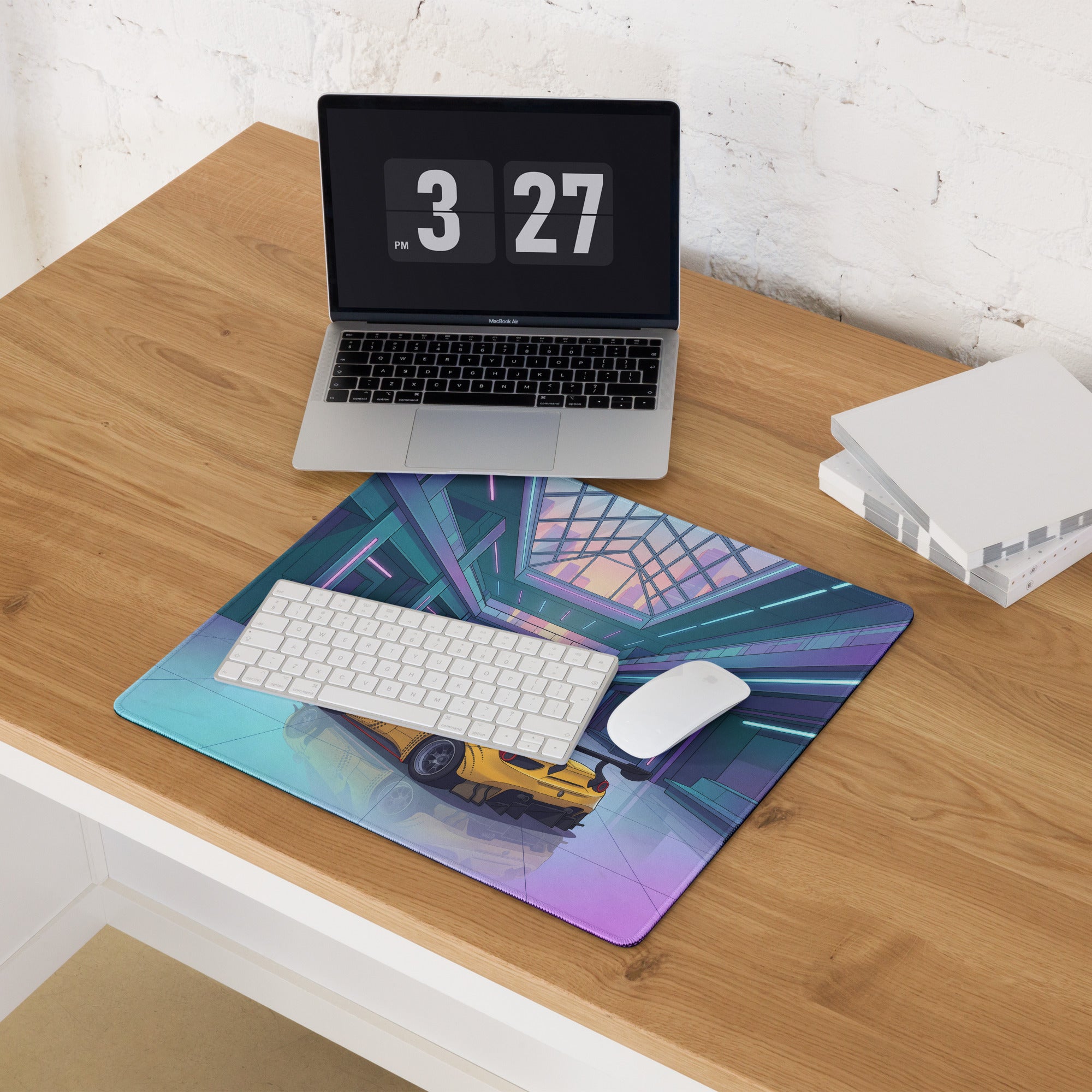 Ferrari 488 GT3 Inspired Yellow Cyan Vaporwave Gaming Mouse Pad – Neon Futuristic Atrium Desk Mat, Retro Racing Supercar Digital Art