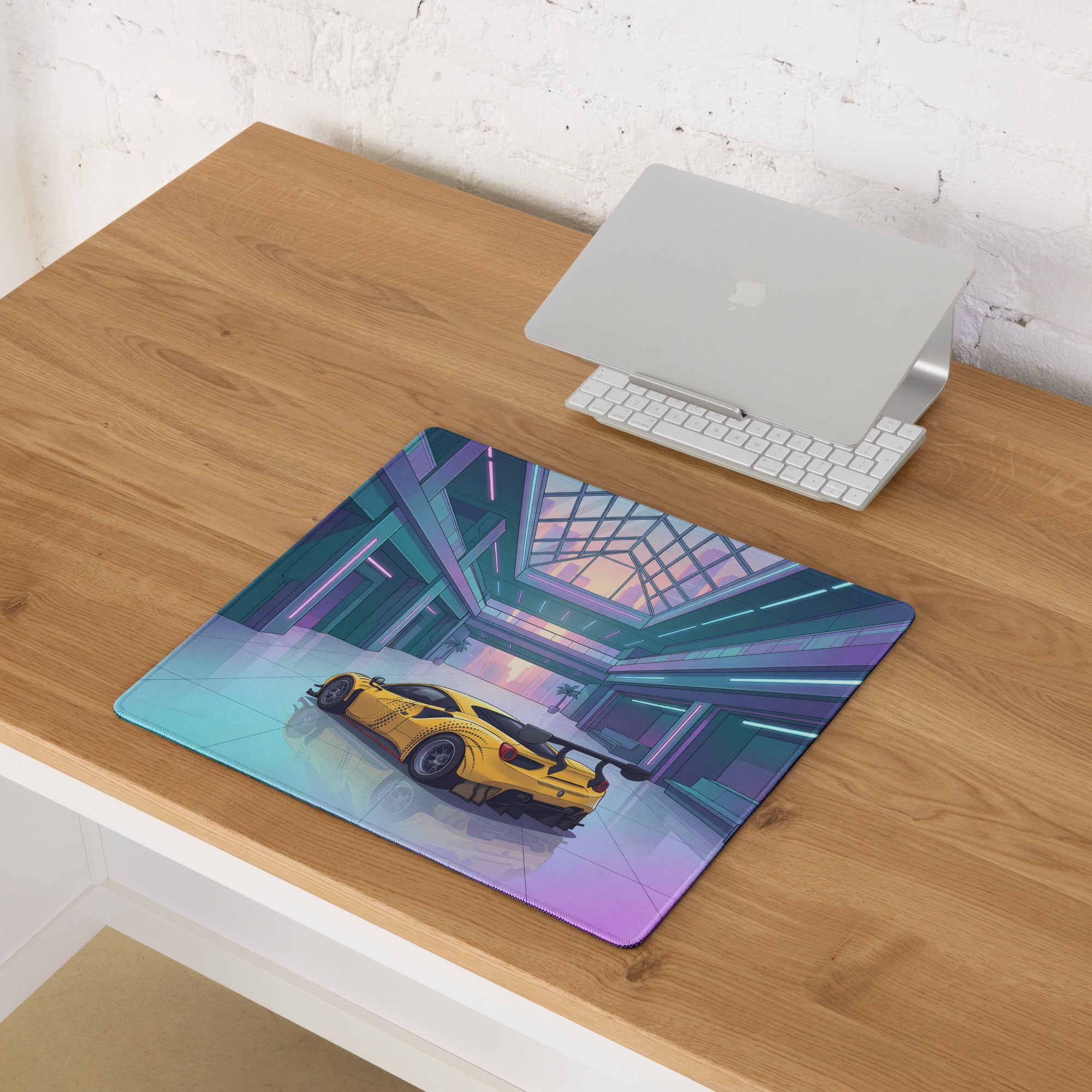Ferrari 488 GT3 Inspired Yellow Cyan Vaporwave Gaming Mouse Pad – Neon Futuristic Atrium Desk Mat, Retro Racing Supercar Digital Art