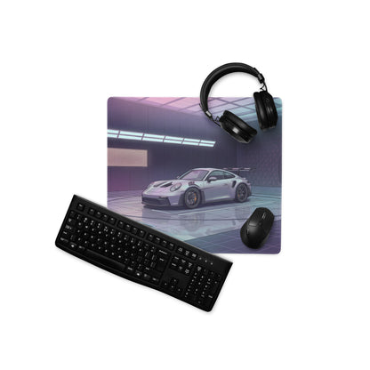Porsche 911 GT3 RS Inspired Silver Purple Vaporwave Gaming Mouse Pad – Neon Futuristic Garage Desk Mat, Cyber Racing Supercar Digital Art