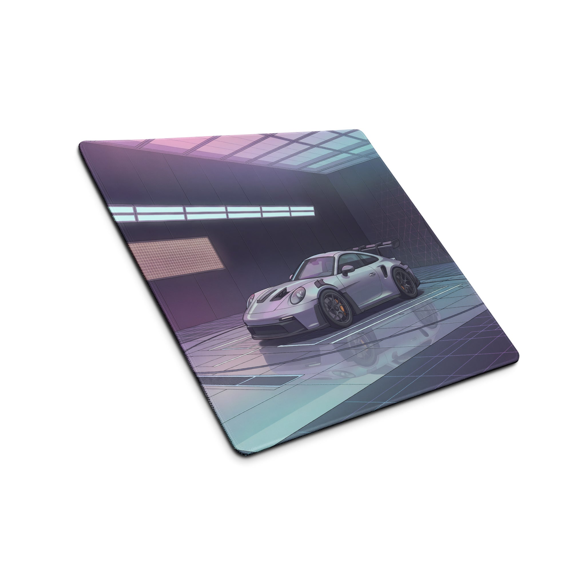Porsche 911 GT3 RS Inspired Silver Purple Vaporwave Gaming Mouse Pad – Neon Futuristic Garage Desk Mat, Cyber Racing Supercar Digital Art