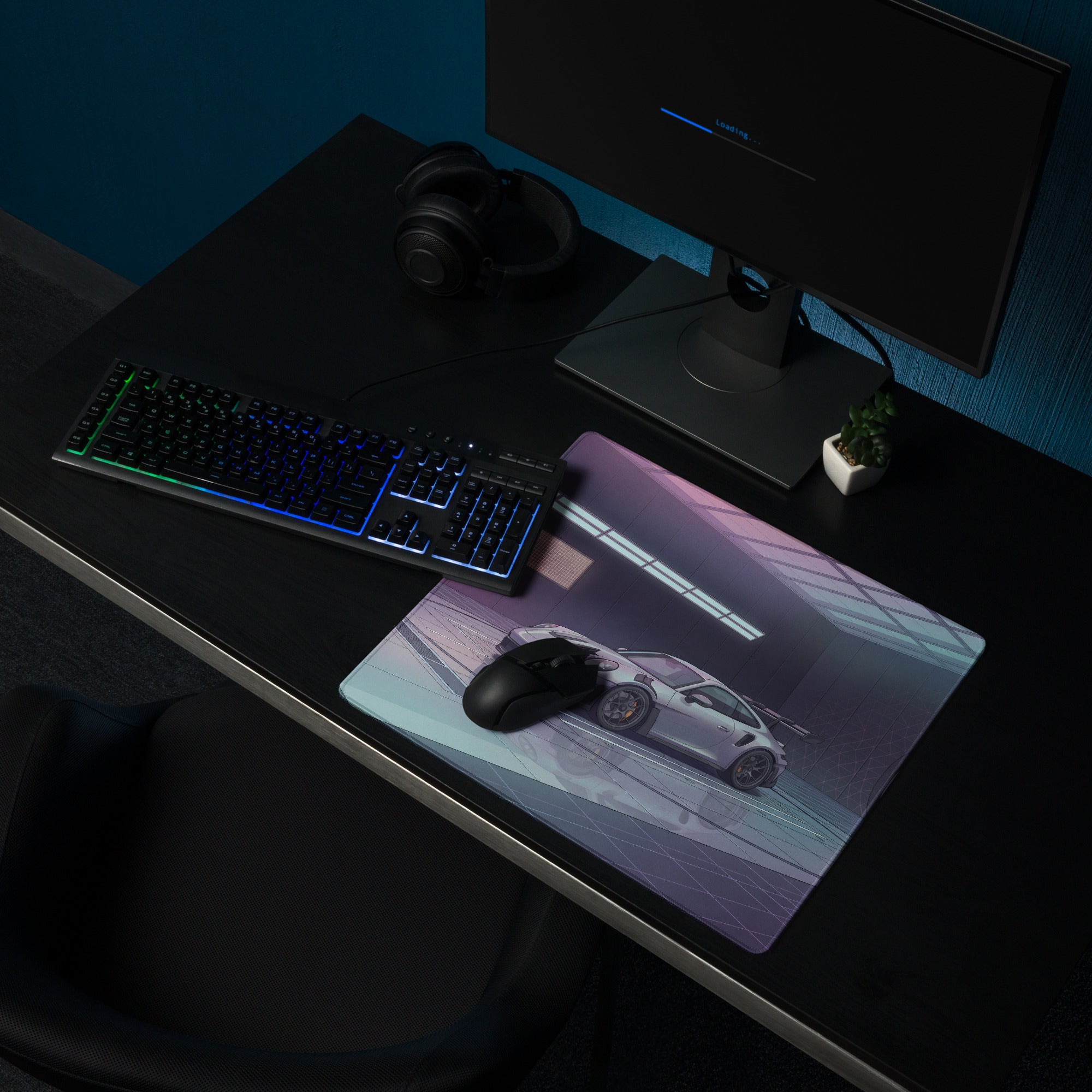 Porsche 911 GT3 RS Inspired Silver Purple Vaporwave Gaming Mouse Pad – Neon Futuristic Garage Desk Mat, Cyber Racing Supercar Digital Art