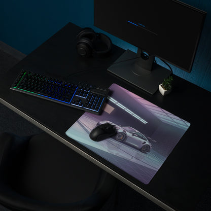 Porsche 911 GT3 RS Inspired Silver Purple Vaporwave Gaming Mouse Pad – Neon Futuristic Garage Desk Mat, Cyber Racing Supercar Digital Art