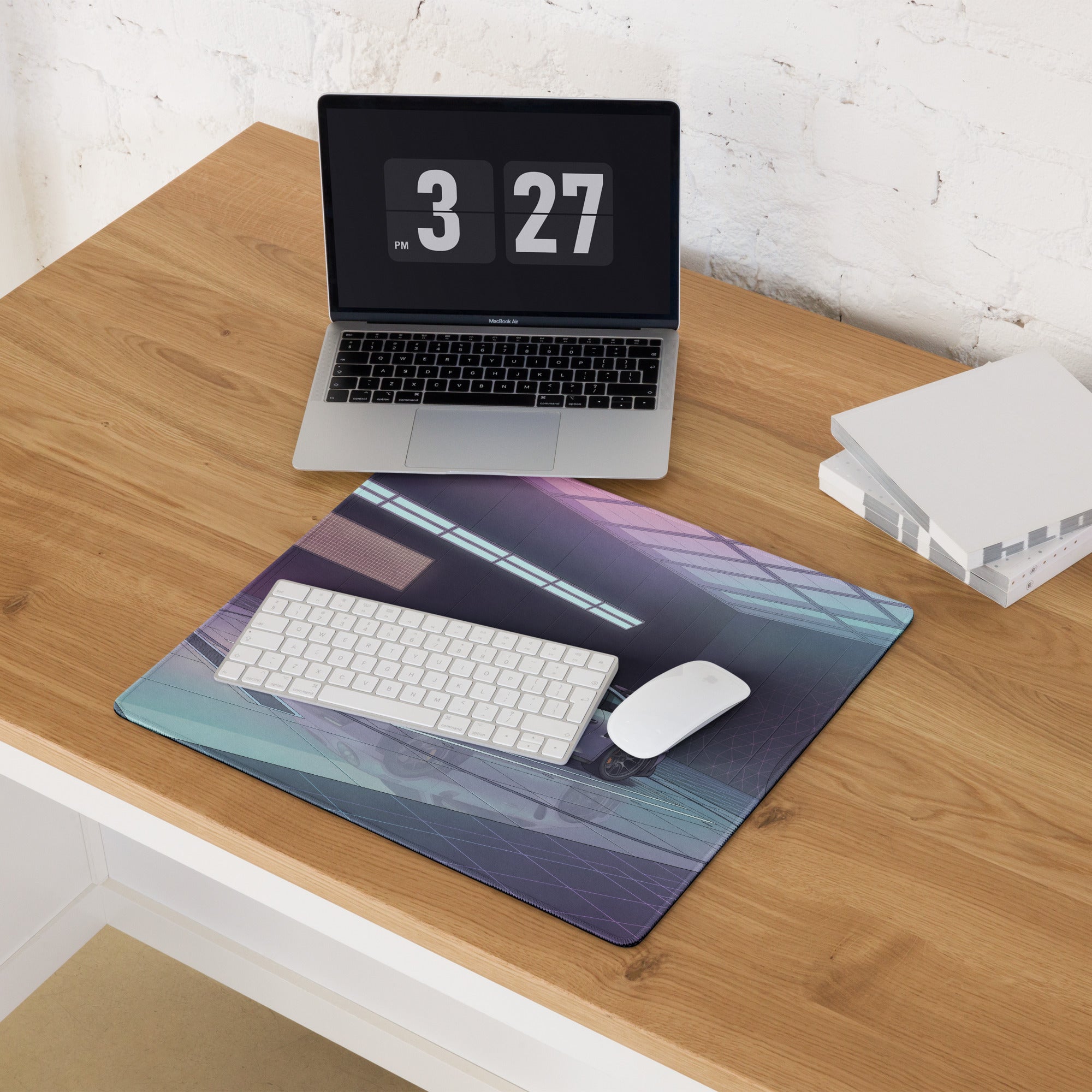 Porsche 911 GT3 RS Inspired Silver Purple Vaporwave Gaming Mouse Pad – Neon Futuristic Garage Desk Mat, Cyber Racing Supercar Digital Art