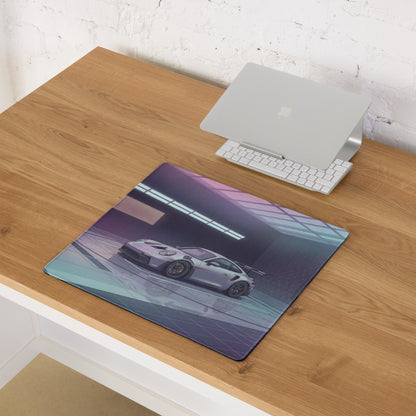 Porsche 911 GT3 RS Inspired Silver Purple Vaporwave Gaming Mouse Pad – Neon Futuristic Garage Desk Mat, Cyber Racing Supercar Digital Art