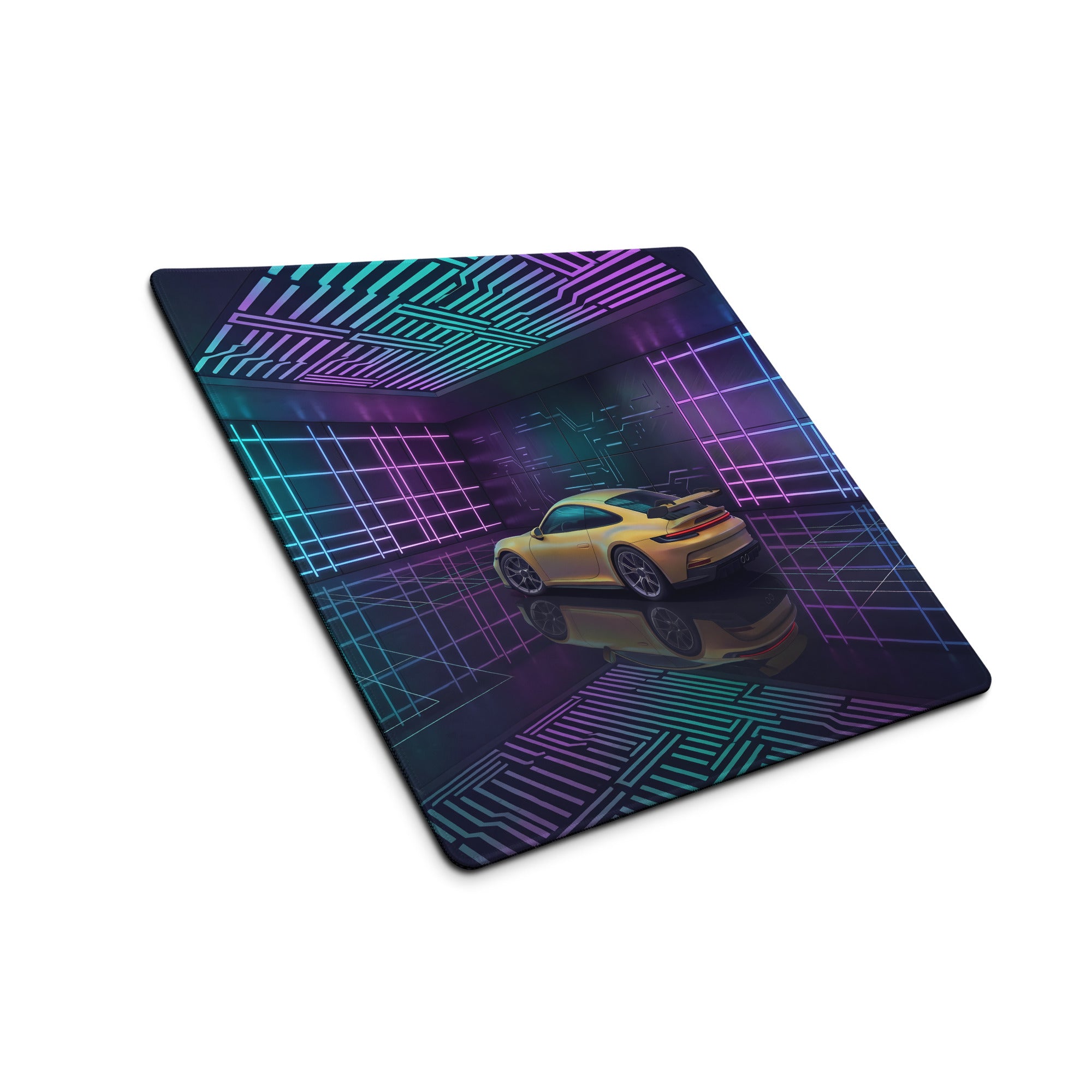 Porsche 911 GT3 Touring Inspired Yellow Cyan Vaporwave Gaming Mouse Pad – Neon Futuristic Garage Desk Mat, Cyberpunk Sports Car Digital Art