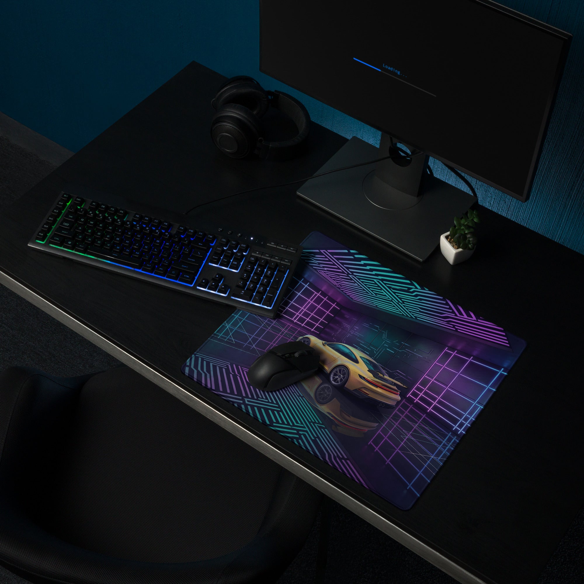 Porsche 911 GT3 Touring Inspired Yellow Cyan Vaporwave Gaming Mouse Pad – Neon Futuristic Garage Desk Mat, Cyberpunk Sports Car Digital Art