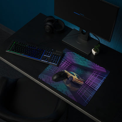 Porsche 911 GT3 Touring Inspired Yellow Cyan Vaporwave Gaming Mouse Pad – Neon Futuristic Garage Desk Mat, Cyberpunk Sports Car Digital Art