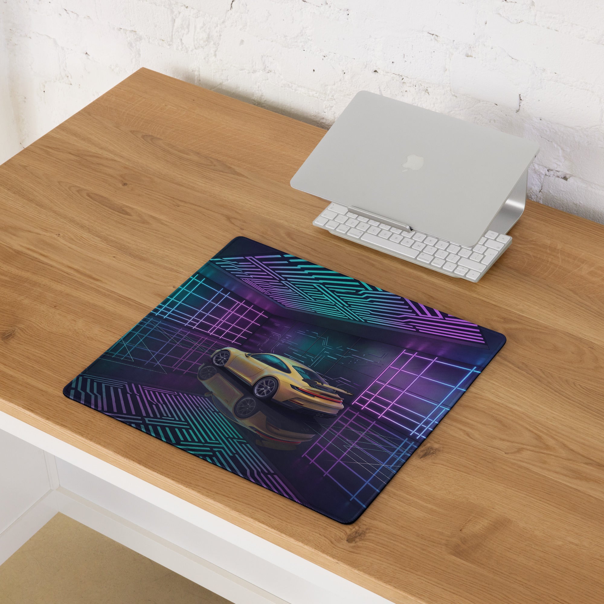 Porsche 911 GT3 Touring Inspired Yellow Cyan Vaporwave Gaming Mouse Pad – Neon Futuristic Garage Desk Mat, Cyberpunk Sports Car Digital Art