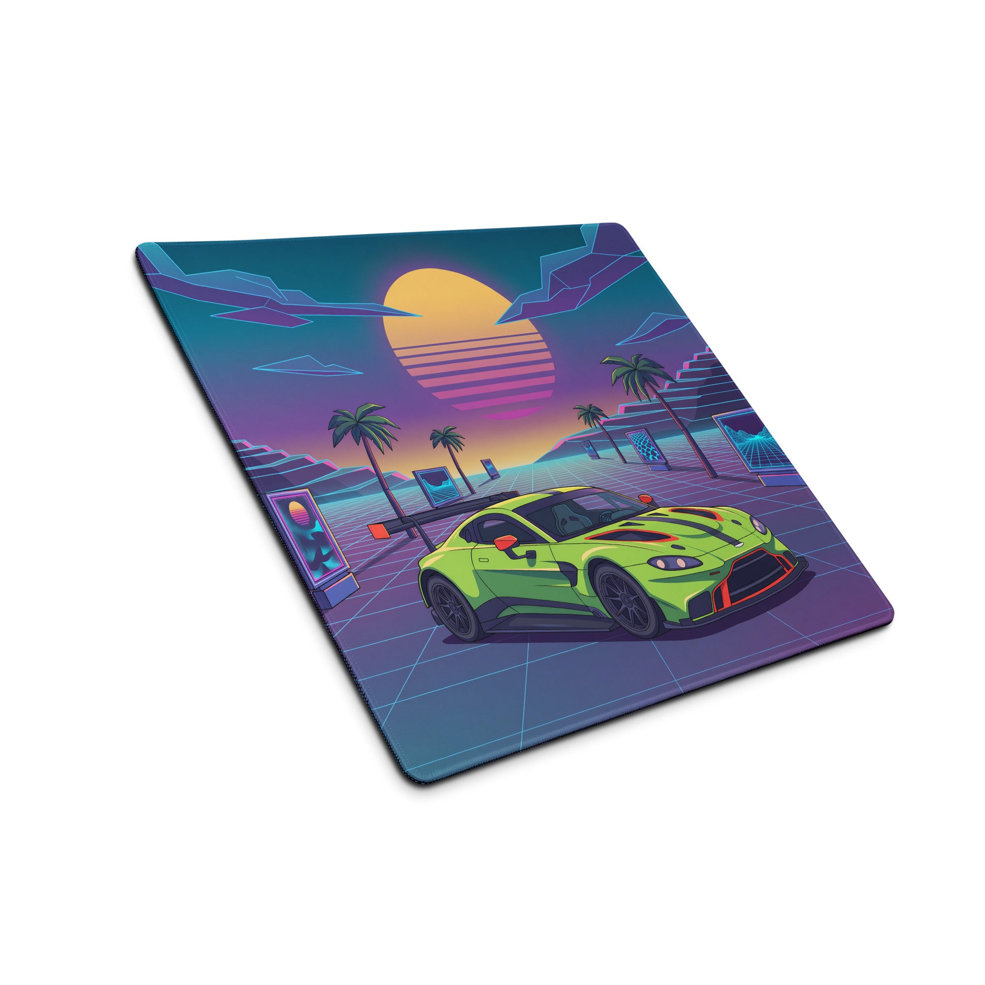 Aston Martin Vantage GT3 Inspired Lime Green Vaporwave Gaming Mouse Pad – Neon Sunset Grid Desk Mat, Retro Futuristic Racing Car Digital Art