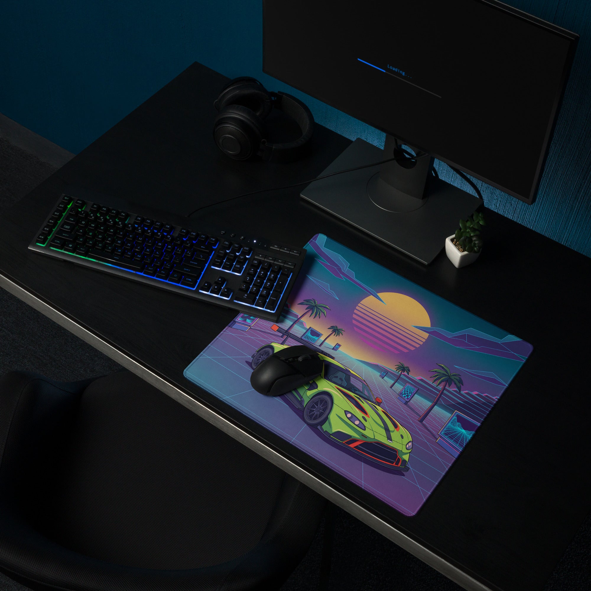 Aston Martin Vantage GT3 Inspired Lime Green Vaporwave Gaming Mouse Pad – Neon Sunset Grid Desk Mat, Retro Futuristic Racing Car Digital Art