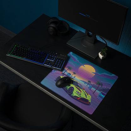 Aston Martin Vantage GT3 Inspired Lime Green Vaporwave Gaming Mouse Pad – Neon Sunset Grid Desk Mat, Retro Futuristic Racing Car Digital Art