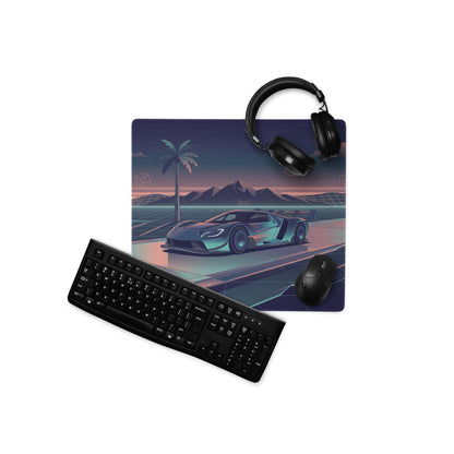 Ford GT Mk IV Inspired Silver Teal Vaporwave Gaming Mouse Pad – Neon Retro Highway Desk Mat, Futuristic Mountain Sunset Supercar Digital Art