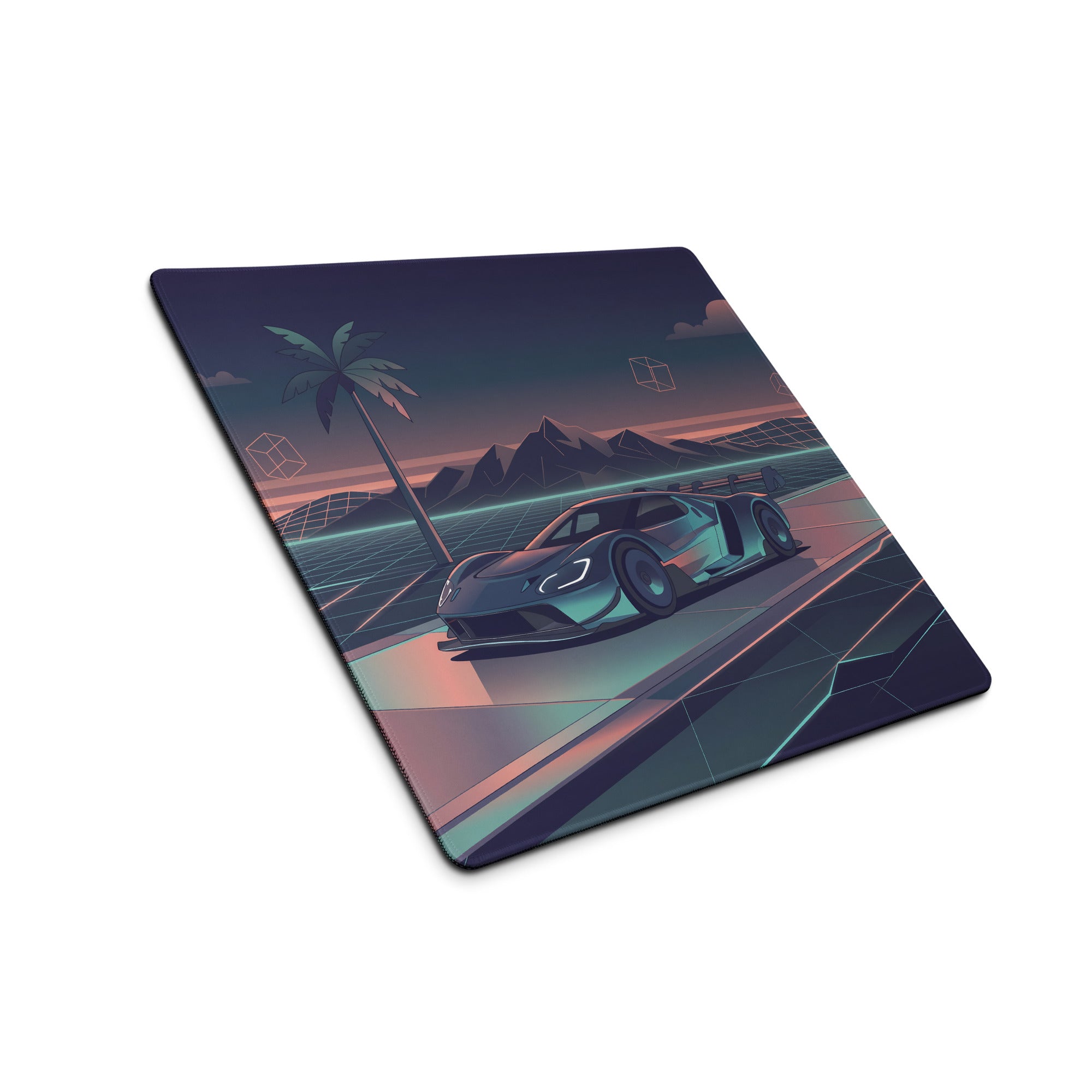 Ford GT Mk IV Inspired Silver Teal Vaporwave Gaming Mouse Pad – Neon Retro Highway Desk Mat, Futuristic Mountain Sunset Supercar Digital Art
