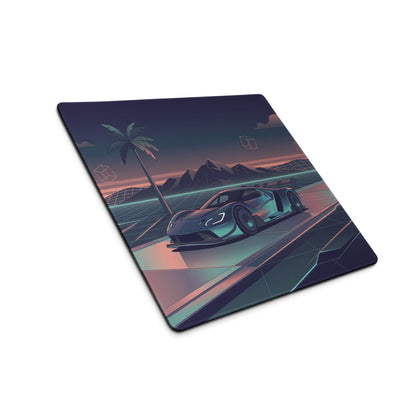 Ford GT Mk IV Inspired Silver Teal Vaporwave Gaming Mouse Pad – Neon Retro Highway Desk Mat, Futuristic Mountain Sunset Supercar Digital Art