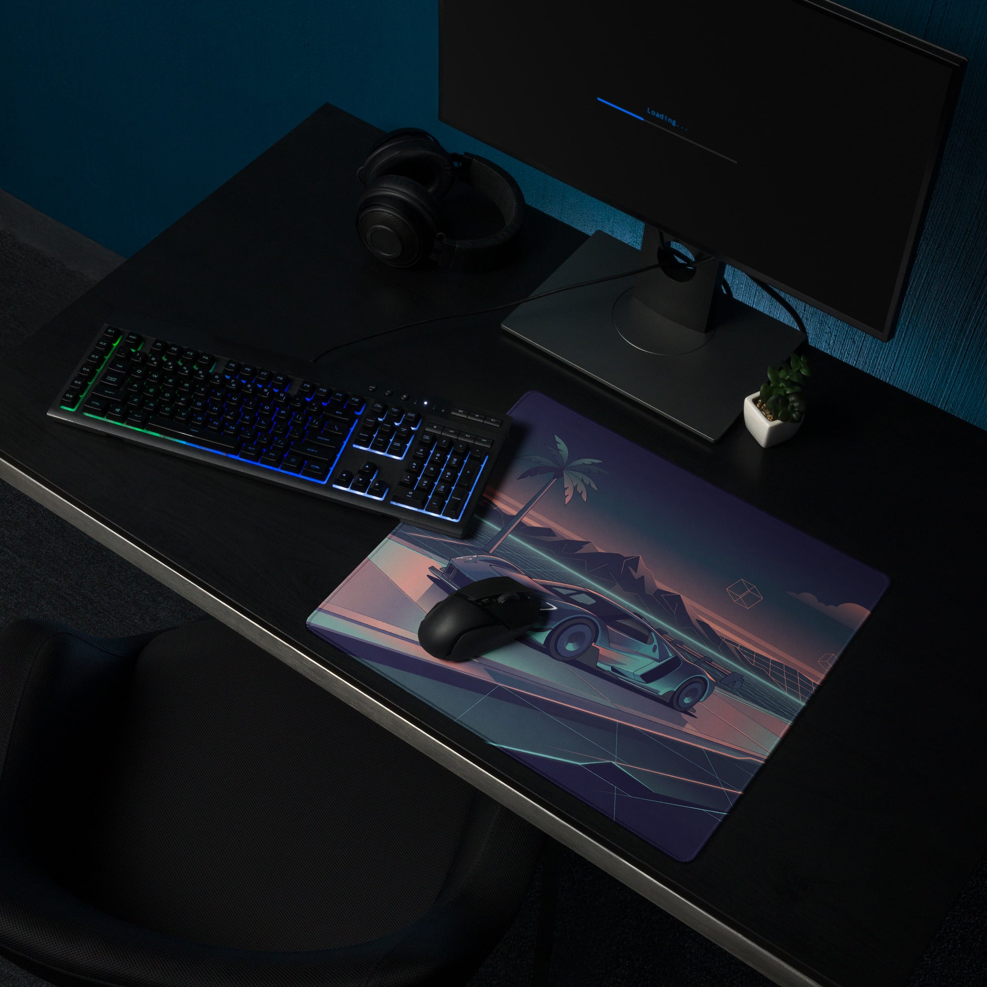Ford GT Mk IV Inspired Silver Teal Vaporwave Gaming Mouse Pad – Neon Retro Highway Desk Mat, Futuristic Mountain Sunset Supercar Digital Art