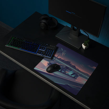 Ford GT Mk IV Inspired Silver Teal Vaporwave Gaming Mouse Pad – Neon Retro Highway Desk Mat, Futuristic Mountain Sunset Supercar Digital Art