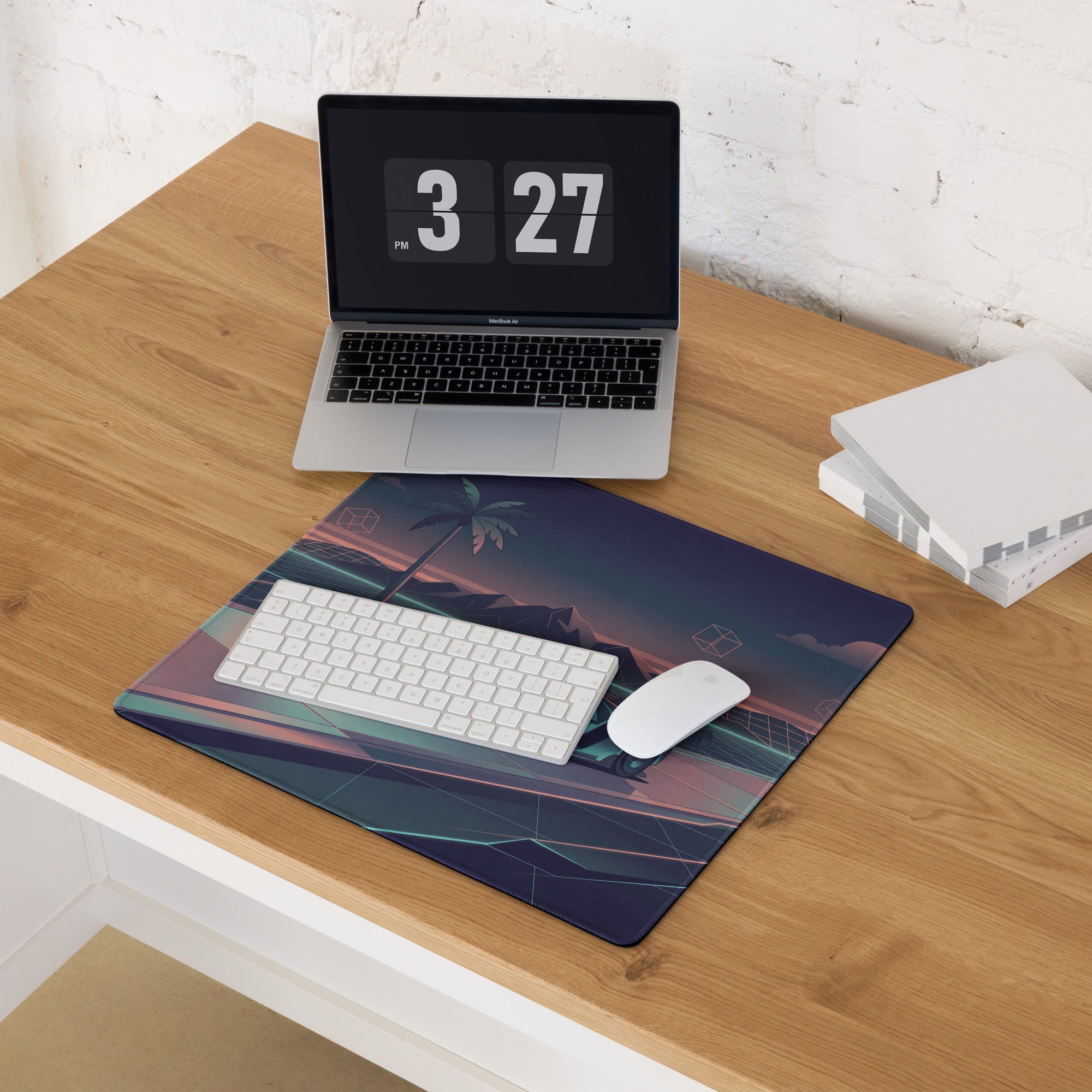 Ford GT Mk IV Inspired Silver Teal Vaporwave Gaming Mouse Pad – Neon Retro Highway Desk Mat, Futuristic Mountain Sunset Supercar Digital Art