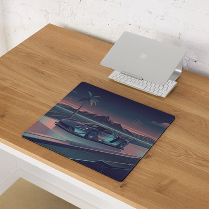 Ford GT Mk IV Inspired Silver Teal Vaporwave Gaming Mouse Pad – Neon Retro Highway Desk Mat, Futuristic Mountain Sunset Supercar Digital Art