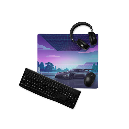 Aston Martin Vulcan Inspired Gunmetal Purple Vaporwave Gaming Mouse Pad – Neon Reflective Grid Desk Mat, Futuristic Hypercar Digital Artwork