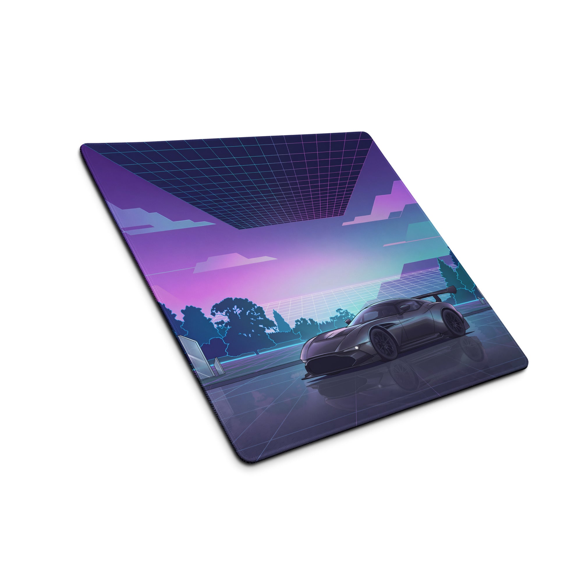 Aston Martin Vulcan Inspired Gunmetal Purple Vaporwave Gaming Mouse Pad – Neon Reflective Grid Desk Mat, Futuristic Hypercar Digital Artwork