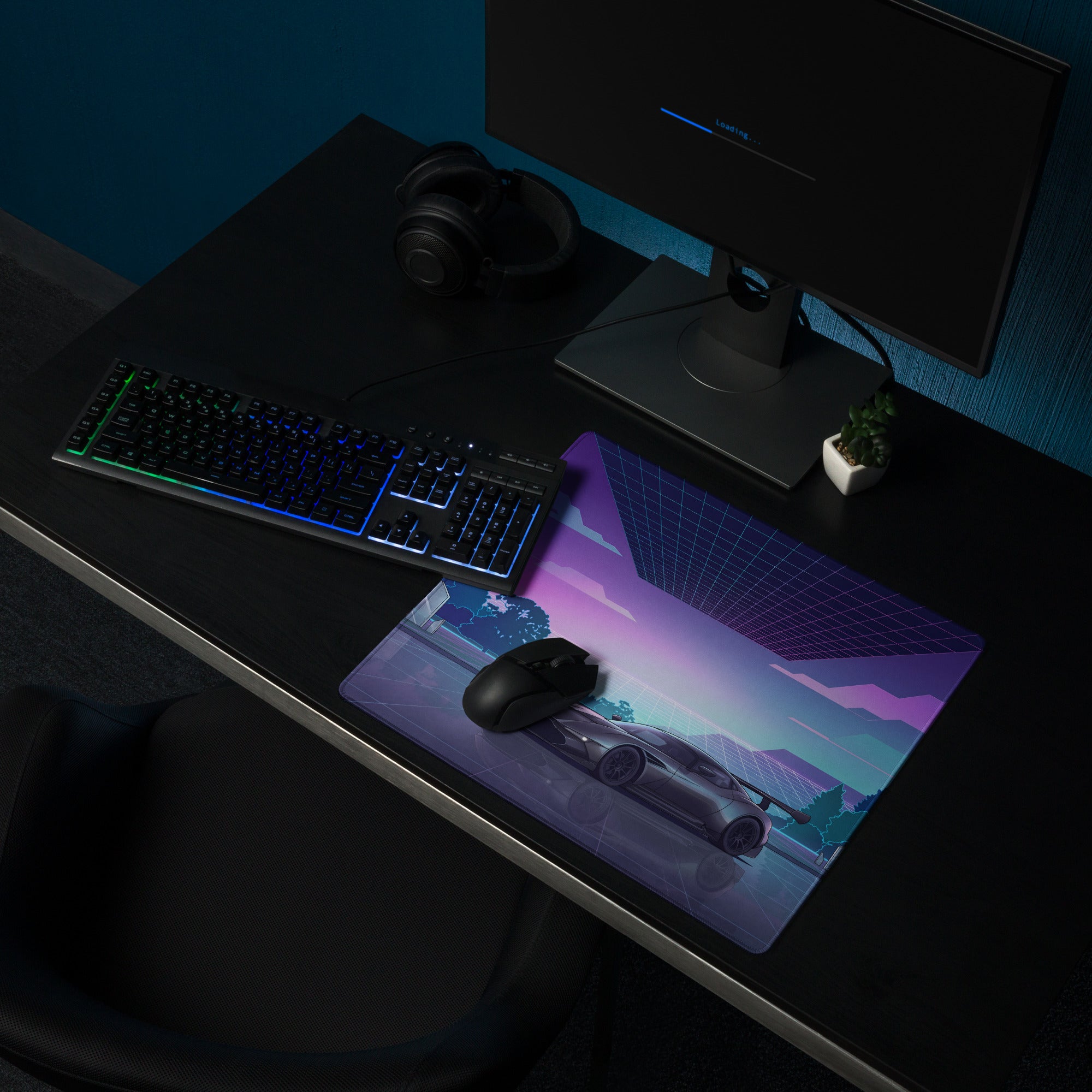 Aston Martin Vulcan Inspired Gunmetal Purple Vaporwave Gaming Mouse Pad – Neon Reflective Grid Desk Mat, Futuristic Hypercar Digital Artwork
