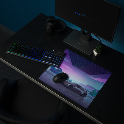 Aston Martin Vulcan Inspired Gunmetal Purple Vaporwave Gaming Mouse Pad – Neon Reflective Grid Desk Mat, Futuristic Hypercar Digital Artwork