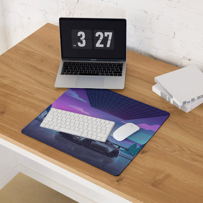 Aston Martin Vulcan Inspired Gunmetal Purple Vaporwave Gaming Mouse Pad – Neon Reflective Grid Desk Mat, Futuristic Hypercar Digital Artwork