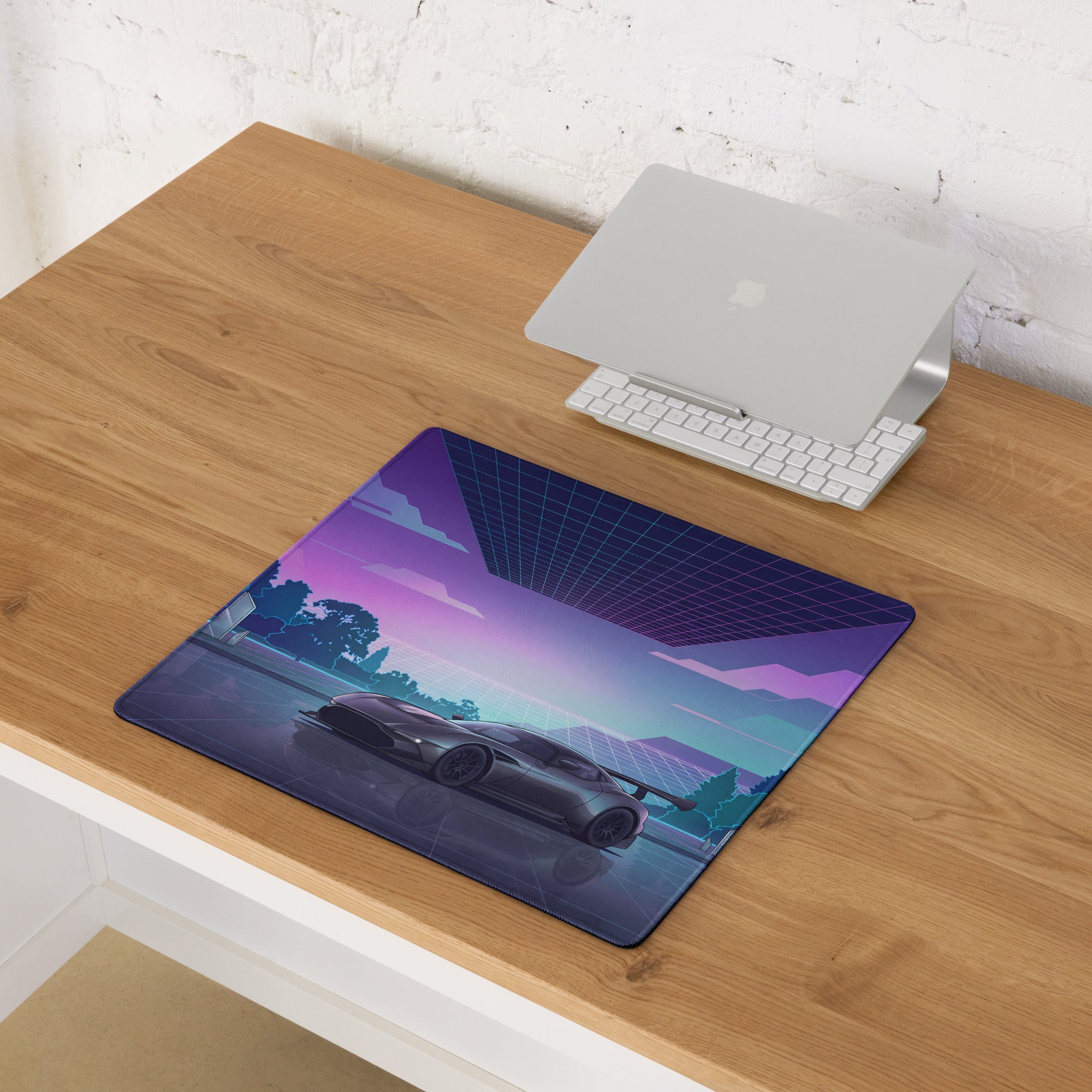Aston Martin Vulcan Inspired Gunmetal Purple Vaporwave Gaming Mouse Pad – Neon Reflective Grid Desk Mat, Futuristic Hypercar Digital Artwork