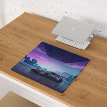 Aston Martin Vulcan Inspired Gunmetal Purple Vaporwave Gaming Mouse Pad – Neon Reflective Grid Desk Mat, Futuristic Hypercar Digital Artwork