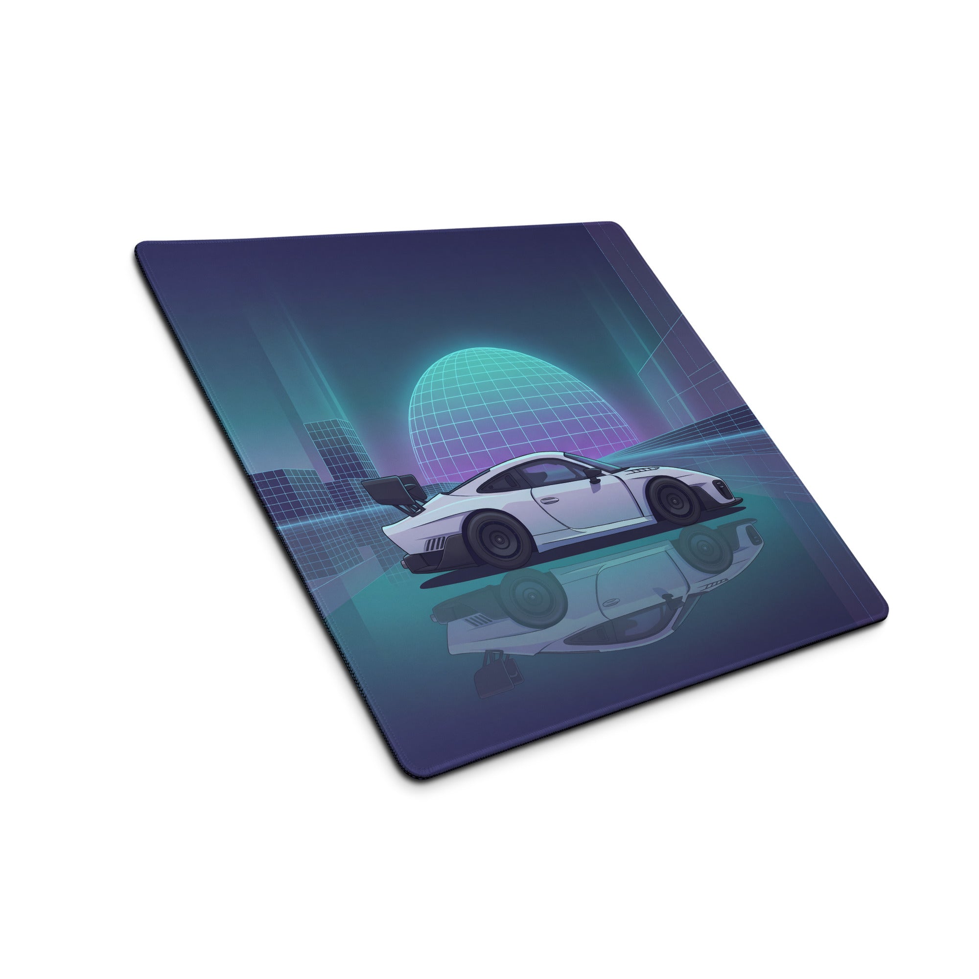 Porsche 935 Inspired White Blue Vaporwave Gaming Mouse Pad – Neon Cyber City Desk Mat, Retro Futuristic Race Car Digital Artwork