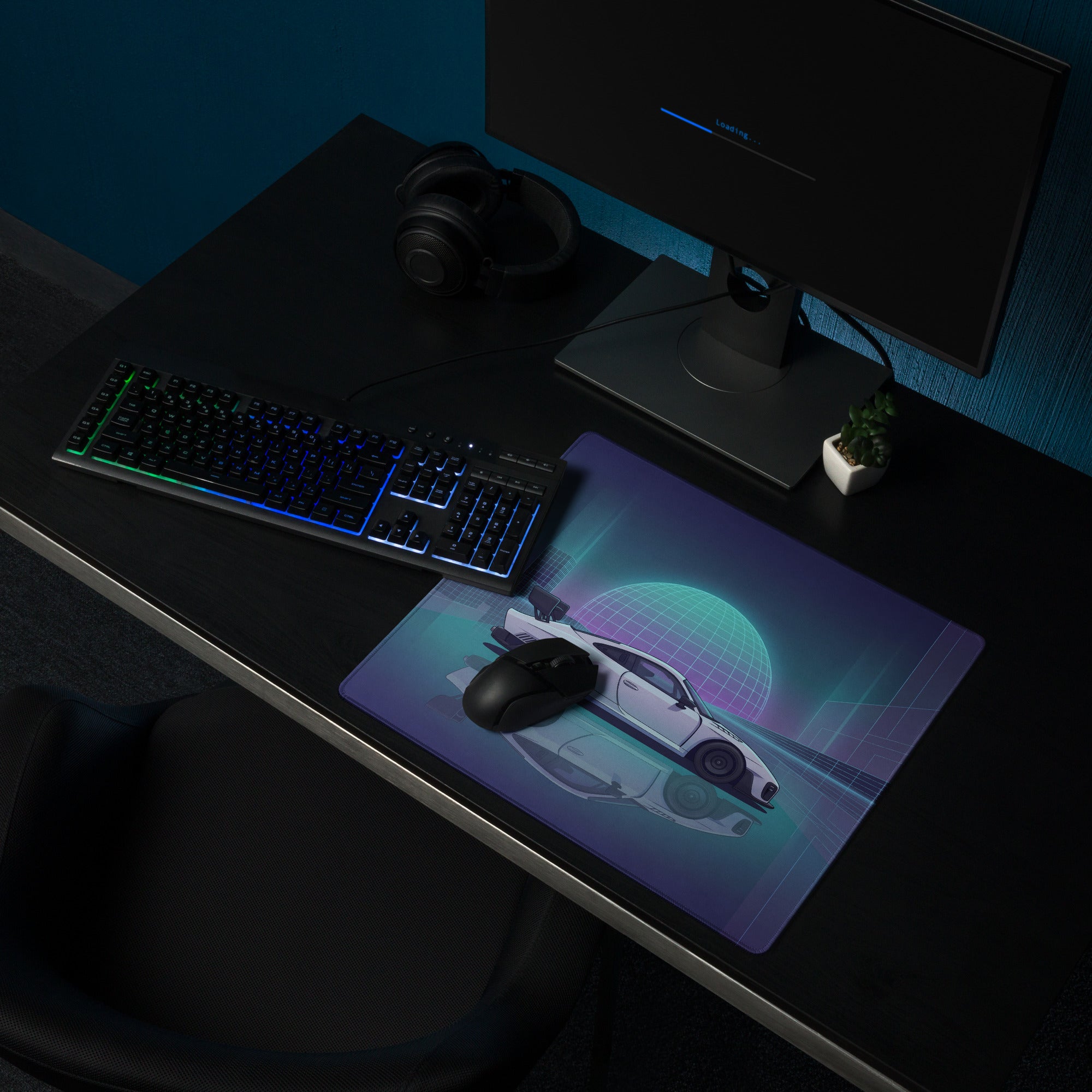 Porsche 935 Inspired White Blue Vaporwave Gaming Mouse Pad – Neon Cyber City Desk Mat, Retro Futuristic Race Car Digital Artwork