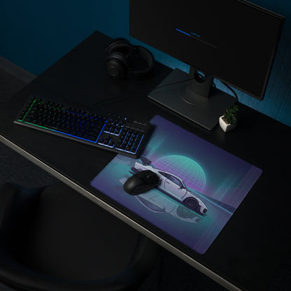 Porsche 935 Inspired White Blue Vaporwave Gaming Mouse Pad – Neon Cyber City Desk Mat, Retro Futuristic Race Car Digital Artwork