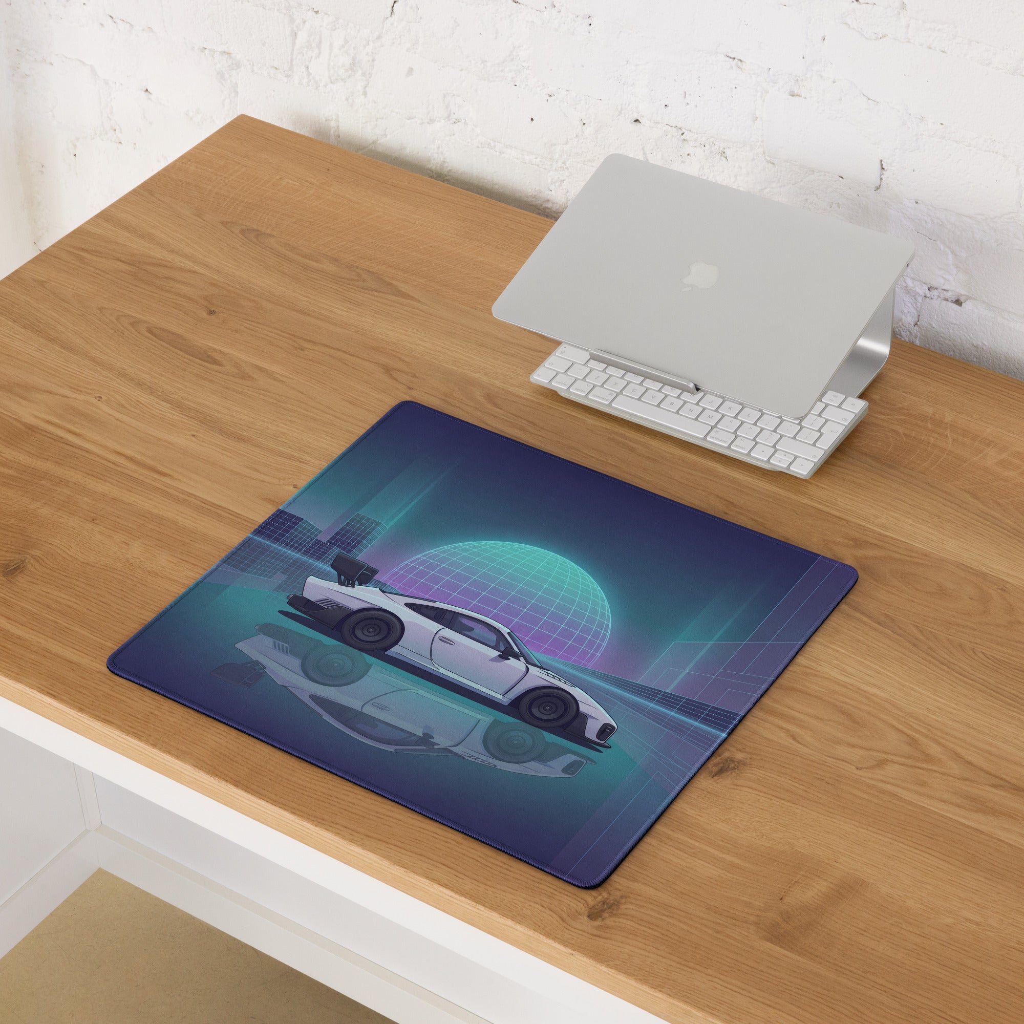 Porsche 935 Inspired White Blue Vaporwave Gaming Mouse Pad – Neon Cyber City Desk Mat, Retro Futuristic Race Car Digital Artwork