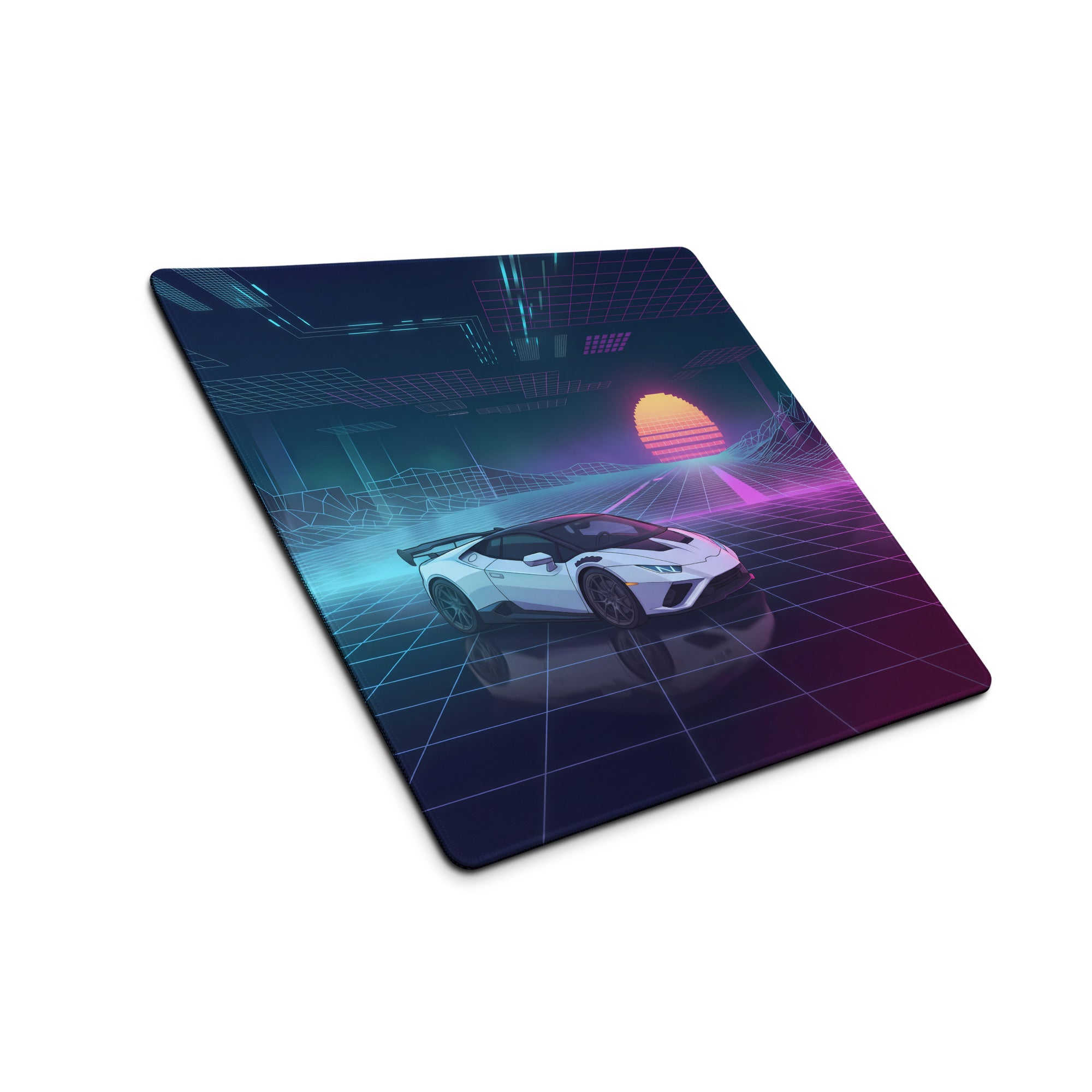 Lamborghini Huracán STO Inspired White Blue Vaporwave Gaming Mouse Pad – Neon Pink Grid Desk Mat, Retro Futuristic Supercar Digital Artwork