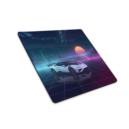 Lamborghini Huracán STO Inspired White Blue Vaporwave Gaming Mouse Pad – Neon Pink Grid Desk Mat, Retro Futuristic Supercar Digital Artwork