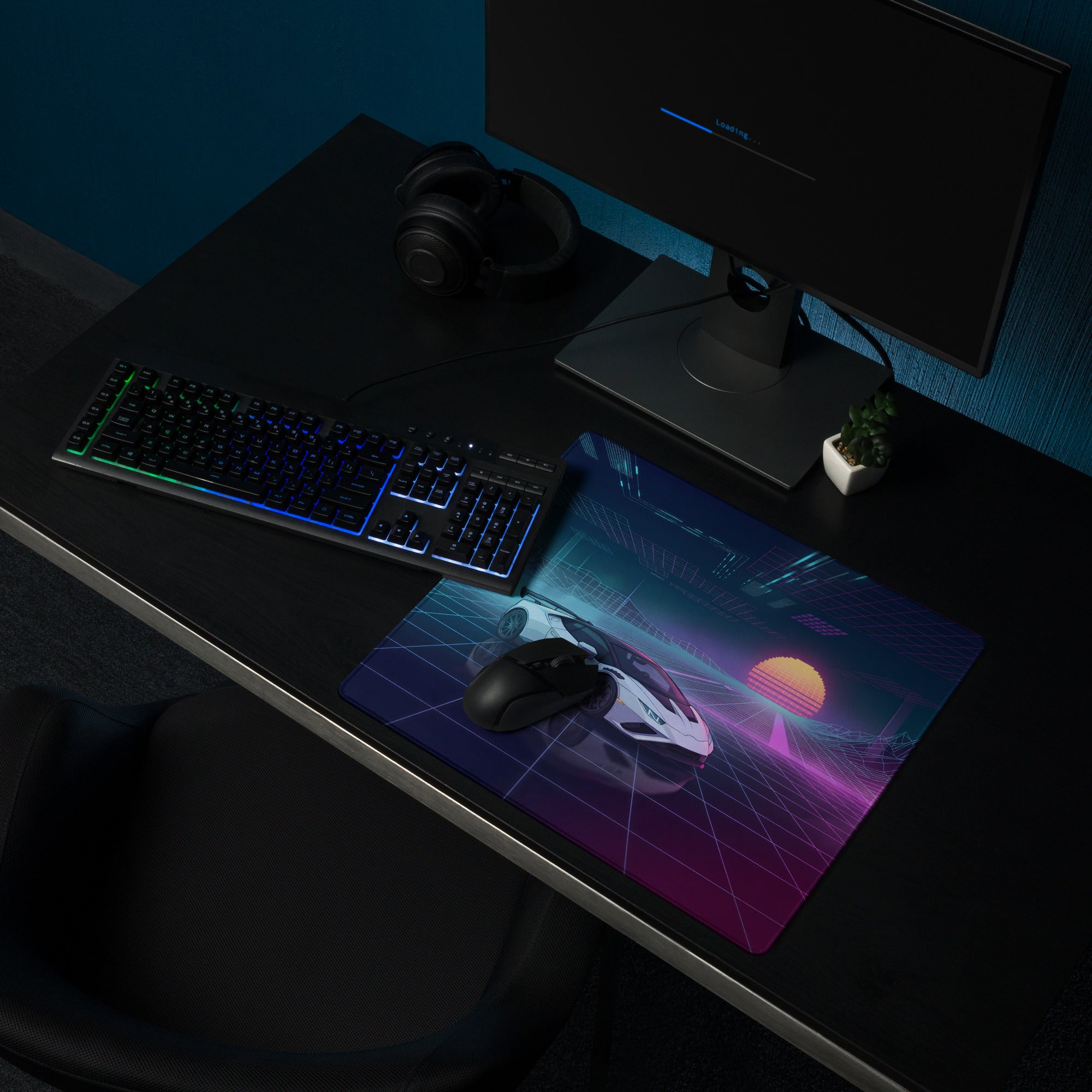 Lamborghini Huracán STO Inspired White Blue Vaporwave Gaming Mouse Pad – Neon Pink Grid Desk Mat, Retro Futuristic Supercar Digital Artwork