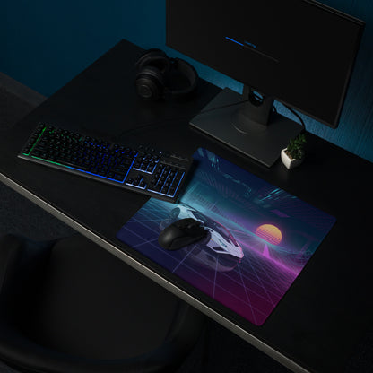 Lamborghini Huracán STO Inspired White Blue Vaporwave Gaming Mouse Pad – Neon Pink Grid Desk Mat, Retro Futuristic Supercar Digital Artwork
