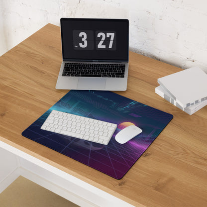 Lamborghini Huracán STO Inspired White Blue Vaporwave Gaming Mouse Pad – Neon Pink Grid Desk Mat, Retro Futuristic Supercar Digital Artwork