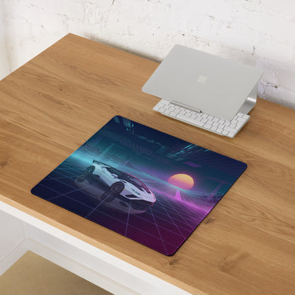 Lamborghini Huracán STO Inspired White Blue Vaporwave Gaming Mouse Pad – Neon Pink Grid Desk Mat, Retro Futuristic Supercar Digital Artwork